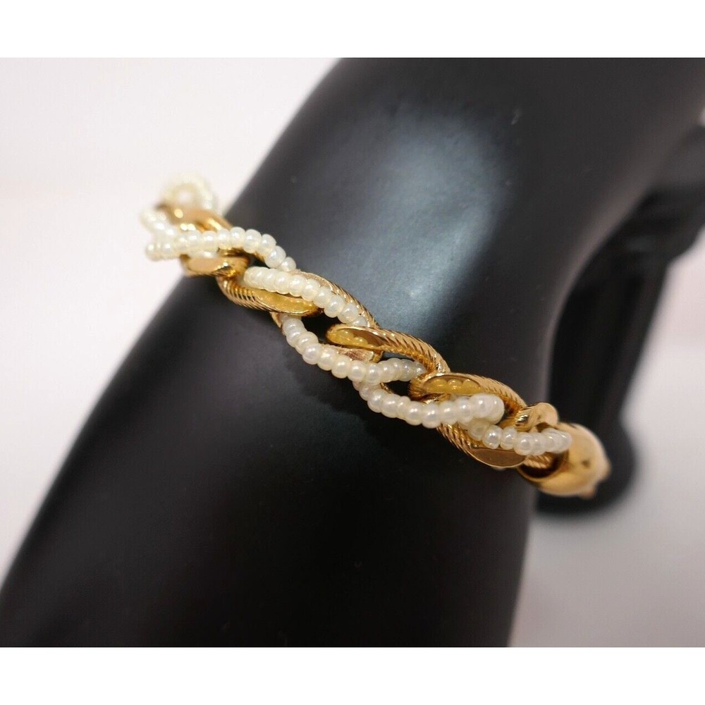 Trifari Twisted Faux Seed Pearl & Gold Tone 7" Bracelet